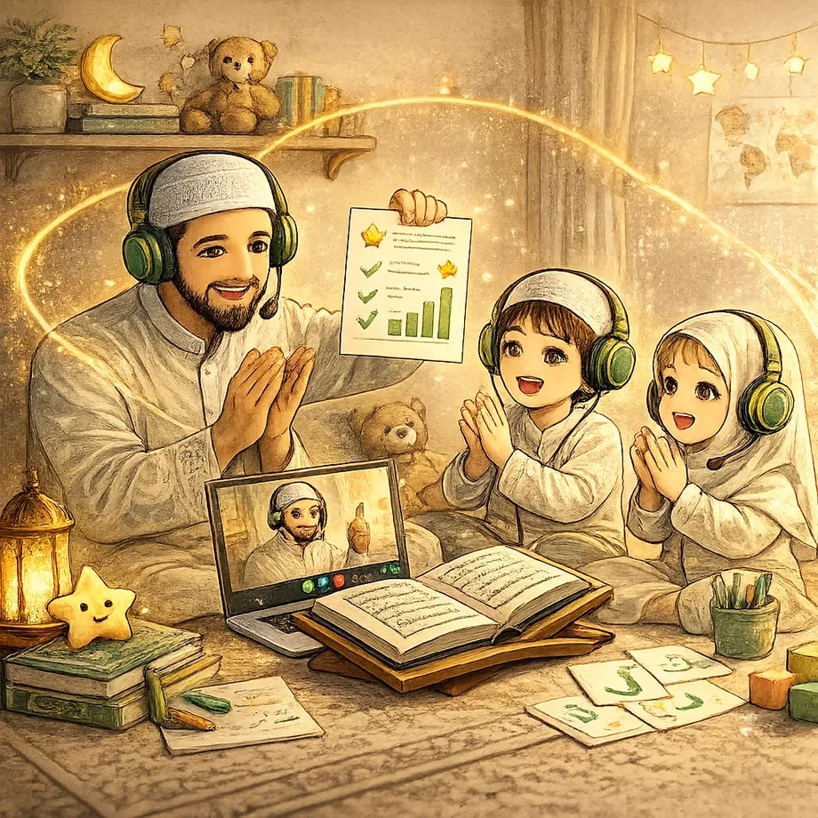 Father and children on a video call Quran class — Blessed Family Group Program